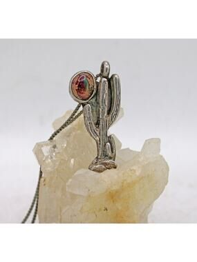 Bisbee Bob Sterling Silver Mexican Fire Opal Saguaro Cactus Necklace